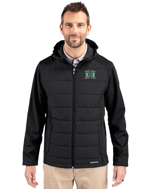 Hawaii Warriors Cutter & Buck Evoke Hybrid Eco Softshell Recycled Full Zip Mens Big & Tall Hooded Jacket Black Front