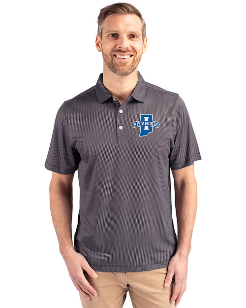 Indiana State Sycamores Cutter & Buck Pike Eco Symmetry Print Stretch Recycled Mens Polo Black/White Front
