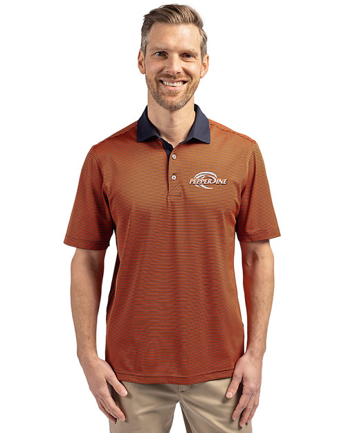 Pepperdine Waves Cutter & Buck Virtue Recycled Micro Stripe Featherlight Pique Mens Polo College Orange/Navy Blue Front