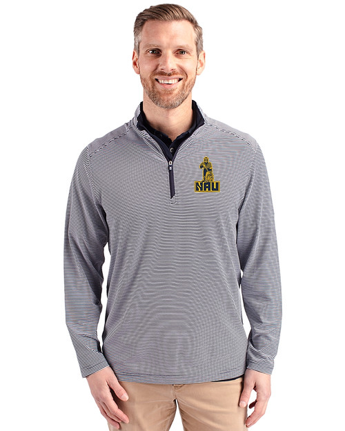Northern Arizona Lumberjacks College Vault Cutter & Buck Virtue Eco Pique Micro Stripe Recycled Mens Quarter Zip Navy Blue/White Front