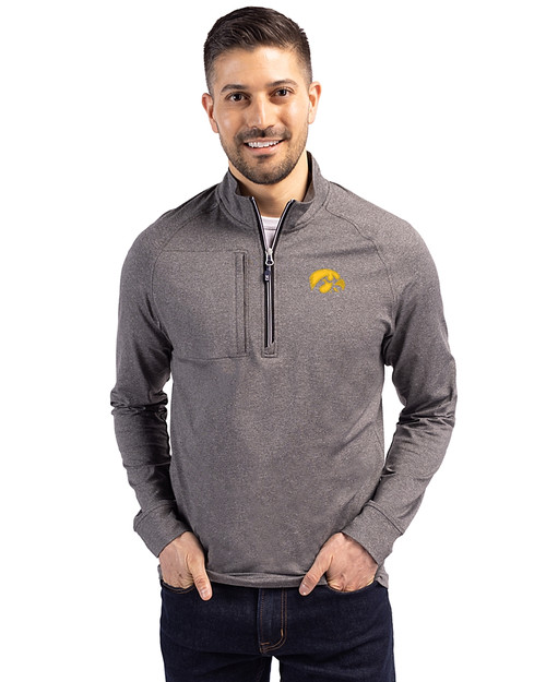 Iowa Hawkeyes Cutter & Buck Adapt Eco Knit Heather Mens Big & Tall Quarter Zip Pullover Black Heather Front