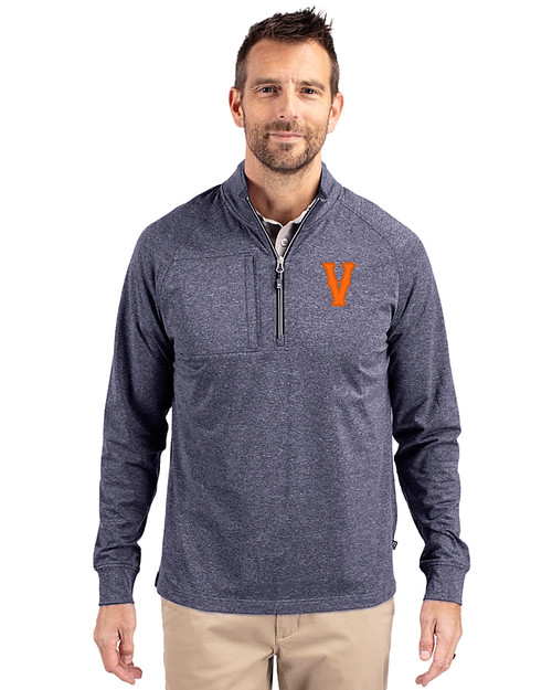 Virginia Hoos College Vault Cutter & Buck Adapt Eco Knit Heather Mens Big & Tall Quarter Zip Pullover Navy Blue Heather Front