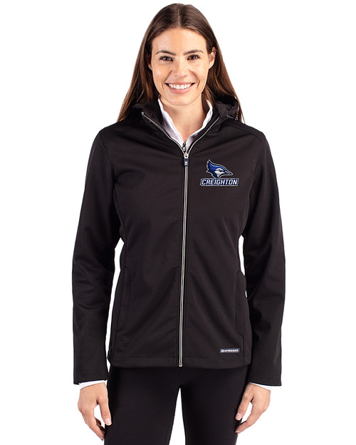 Creighton Bluejays Cutter & Buck Evoke Softshell Recycled Full Zip Womens Jacket Black Front