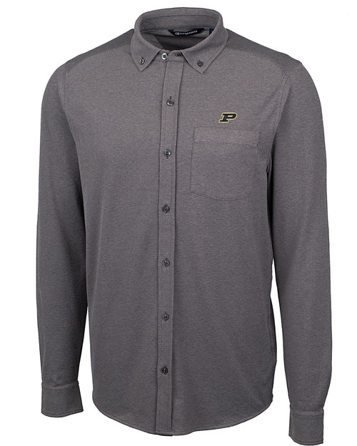 Purdue Boilermakers Cutter & Buck Advantage Tri-Blend Pique Long Sleeve Knitted Mens Button Down Charcoal Mannequin