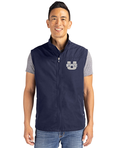 Utah State Aggies Cutter & Buck Charter Eco Full-Zip Mens Big & Tall Vest Navy Blue Front