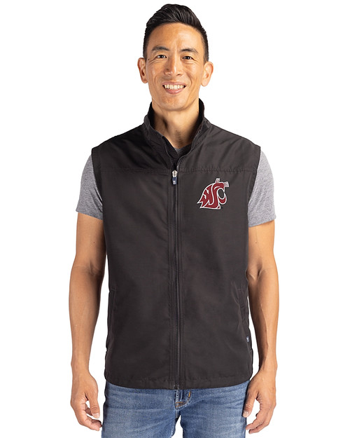 Washington State Cougars Cutter & Buck Charter Recycled Packable Mens Big & Tall Full Zip Vest Black Front