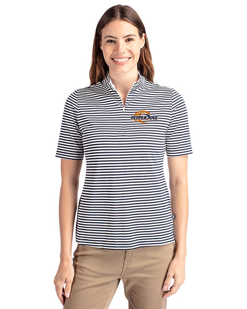 Pepperdine Waves Cutter & Buck Virtue Eco Pique Stripe Recycled Womens Top Navy Blue Front