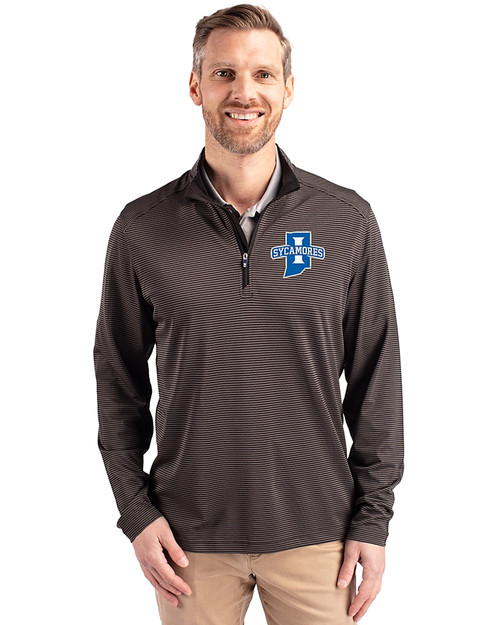 Indiana State Sycamores Cutter & Buck Virtue Eco Pique Micro Stripe Recycled Mens Big & Tall Quarter Zip Black/Elemental Grey Front