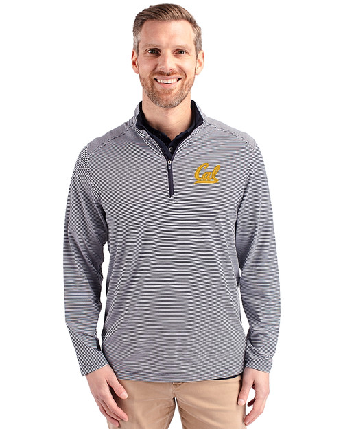 Cal Golden Bears Cutter & Buck Virtue Eco Pique Micro Stripe Recycled Mens Big & Tall Quarter Zip Navy Blue/White Front