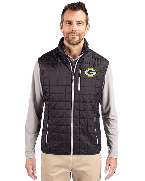 Green Bay Packers Cutter & Buck Rainier PrimaLoft® Mens Eco Insulated Full Zip Puffer Vest Black Front