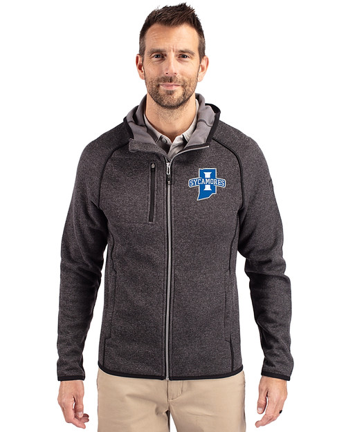 Indiana State Sycamores Cutter & Buck Mainsail Sweater-Knit Mens Full Zip Hooded Jacket Charcoal Heather Front