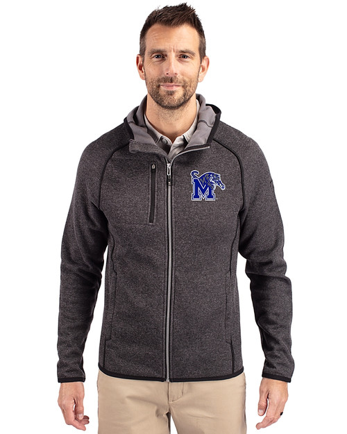 Memphis Tigers Cutter & Buck Mainsail Sweater-Knit Mens Full Zip Hooded Jacket Charcoal Heather Front