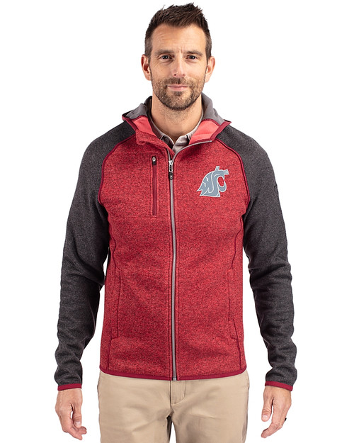 Washington State Cougars Cutter & Buck Mainsail Full Zip Hooded Mens Jacket Cardinal Red Heather/Charcoal Heather Front