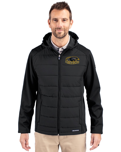 Wisconsin-Milwaukee Panthers Cutter & Buck Evoke Hybrid Eco Softshell Recycled Full Zip Mens Big & Tall Hooded Jacket Black Front
