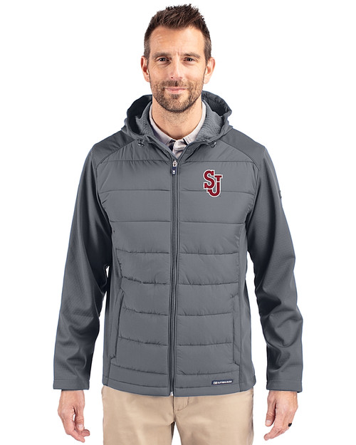 St Johns Red Storm Cutter & Buck Evoke Hybrid Eco Softshell Recycled Full Zip Mens Big & Tall Hooded Jacket Elemental Grey Front