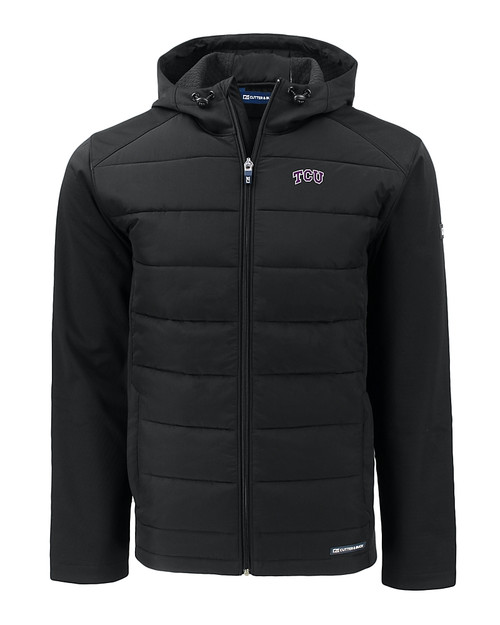 TCU Horned Frogs Cutter & Buck Evoke Hybrid Eco Softshell Recycled Full Zip Mens Big & Tall Hooded Jacket BL_MANN_HG 