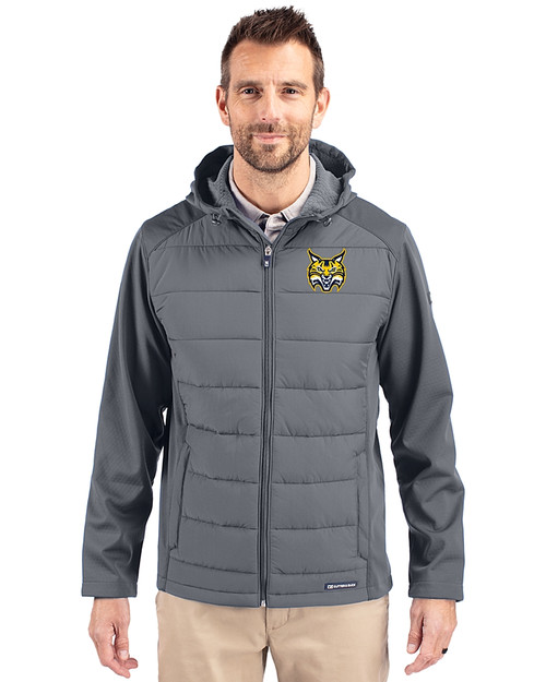Quinnipiac Bobcats Cutter & Buck Evoke Hybrid Eco Softshell Recycled Full Zip Mens Big & Tall Hooded Jacket Elemental Grey Front