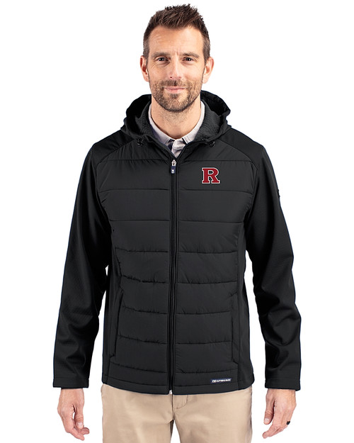 Rutgers Scarlet Knights Cutter & Buck Evoke Hybrid Eco Softshell Recycled Full Zip Mens Big & Tall Hooded Jacket Black Front