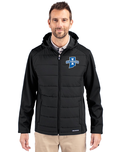 Indiana State Sycamores Cutter & Buck Evoke Hybrid Softshell Recycled Full Zip Mens Hooded Jacket Black Front