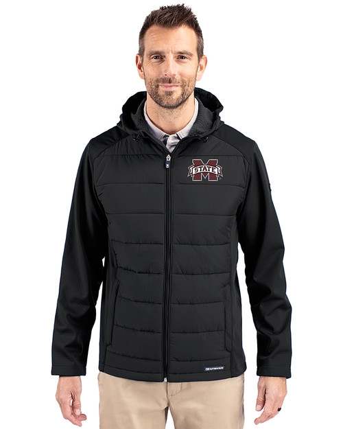 Mississippi State Bulldogs Cutter & Buck Evoke Recycled Honeycomb Fleece Mens Hybrid Full Zip Jacket Black Front