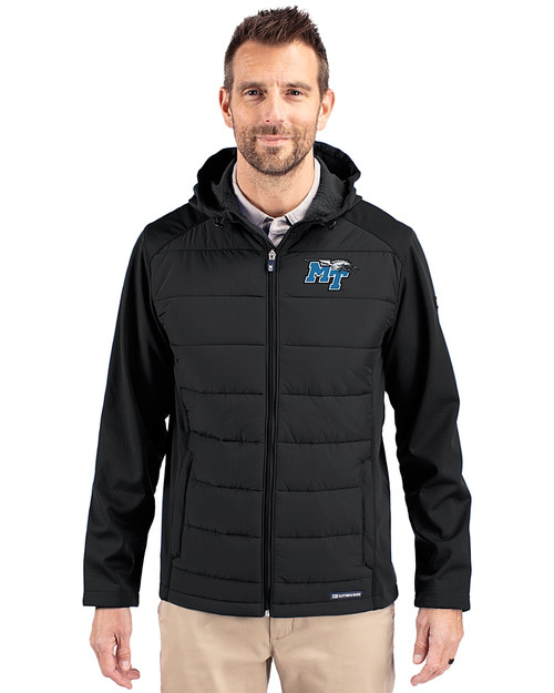 Middle Tennessee Blue Raiders Cutter & Buck Evoke Hybrid Softshell Recycled Full Zip Mens Hooded Jacket Black Front