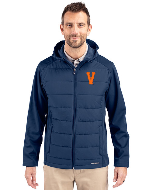 Virginia Hoos College Vault Cutter & Buck Evoke Hybrid Softshell Recycled Full Zip Mens Hooded Jacket Navy Blue Front