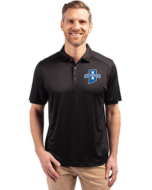 Indiana State Sycamores Cutter & Buck Forge Eco Stretch Recycled Mens Polo Black Front