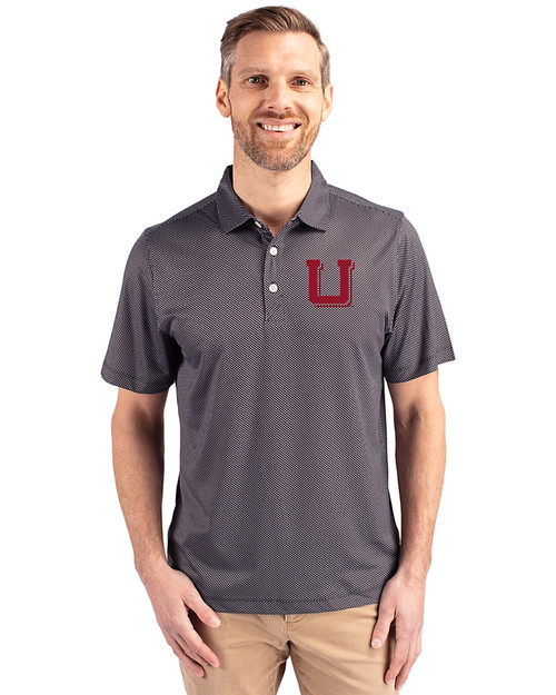 Utah Utes College Vault Cutter & Buck Pike Eco Symmetry Print Stretch Recycled Mens Big & Tall Polo Black/White Front