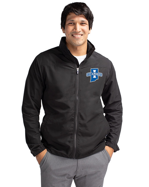 Indiana State Sycamores Cutter & Buck Charter Recycled Packable Mens Full Zip Jacket Black Front