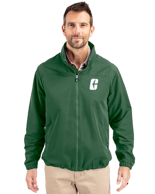 Charlotte 49ers Cutter & Buck Charter Eco Recycled Mens Full-Zip Jacket Hunter Green Front
