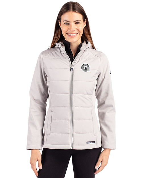 Georgetown Hoyas Cutter & Buck Evoke Hybrid Softshell Recycled Full Zip Womens Hooded Jacket CONCRETE Front