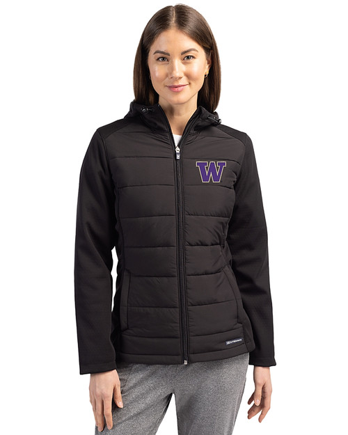 Washington Huskies Cutter & Buck Evoke Recycled Honeycomb Fleece Womens Hybrid Full Zip Jacket Black Front
