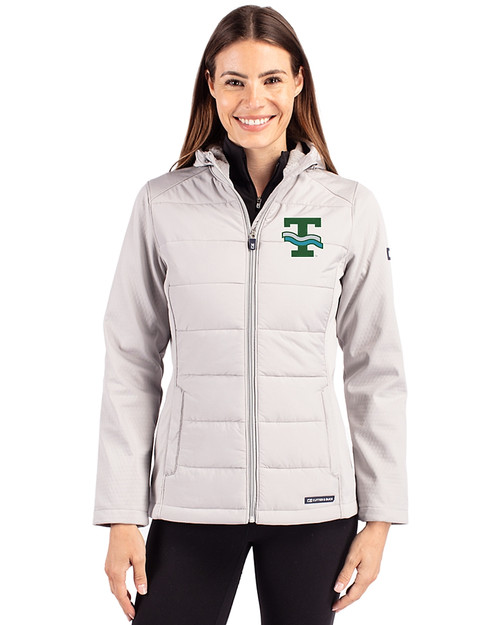 Tulane Green Wave College Vault Cutter & Buck Evoke Hybrid Softshell Recycled Full Zip Womens Hooded Jacket CONCRETE Front