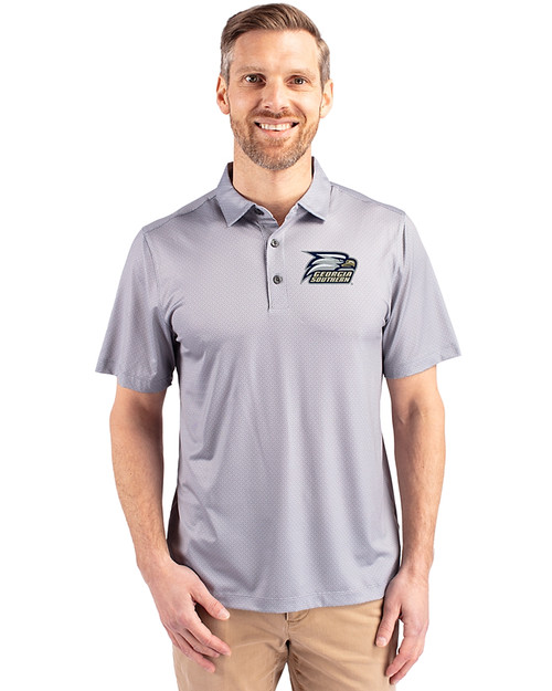 Georgia Southern Eagles Cutter & Buck Pike Eco Tonal Geo Print Stretch Recycled Mens Big & Tall Polo Elemental Grey Front