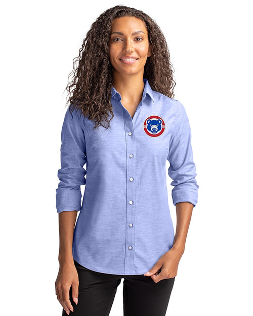 South Bend Cubs Cutter & Buck Stretch Oxford Womens Long Sleeve Dress Shirt French Blue Front