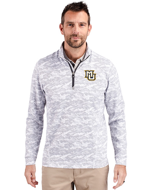 Marquette Golden Eagles Cutter & Buck Traverse Stretch Eco Camo Print Quarter Zip Mens Big and Tall Pullover Charcoal Front