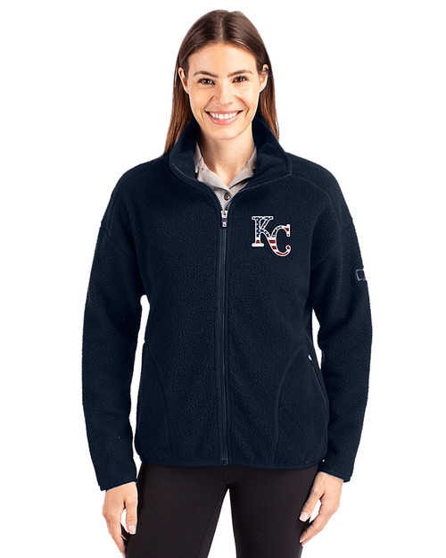Kansas City Royals Stars & Stripes Cutter & Buck Cascade Eco Fleece Womens Full Zip Jacket Navy Blue Front
