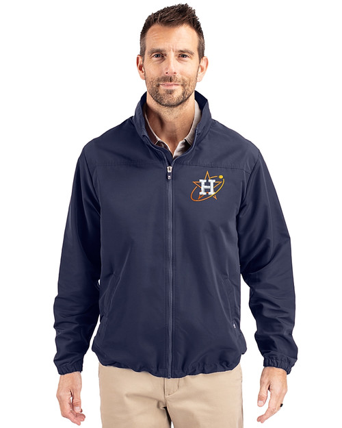 Houston Astros City Connect Cutter & Buck Charter Eco Knit Recycled Big & Tall Full-Zip Jacket Navy Blue Front