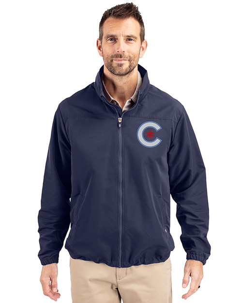 Chicago Cubs City Connect Cutter & Buck Charter Eco Knit Recycled Big & Tall Full-Zip Jacket Navy Blue Front