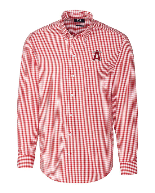 Los Angeles Angels City Connect Cutter & Buck Easy Care Stretch Gingham Mens Long Sleeve Dress Shirt Cardinal Red Mannequin