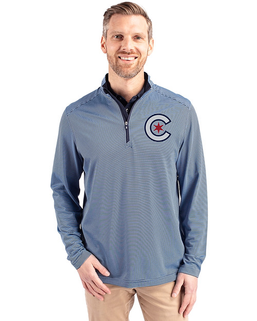 Chicago Cubs City Connect Cutter & Buck Virtue Eco Pique Micro Stripe Recycled Mens Big & Tall Quarter Zip Atlas/Navy Blue Front