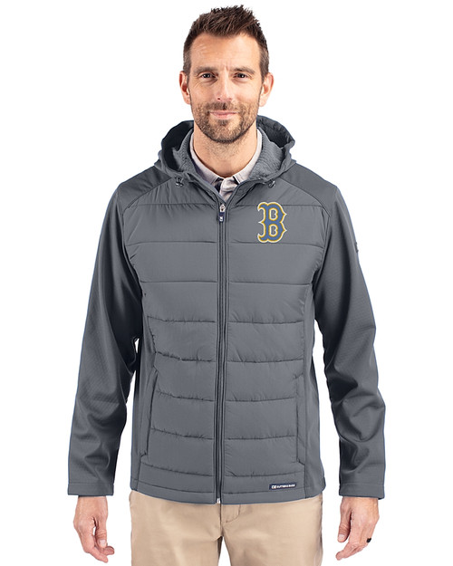 Boston Red Sox City Connect Cutter & Buck Evoke Hybrid Eco Softshell Recycled Full Zip Mens Big & Tall Hooded Jacket Elemental Grey Front
