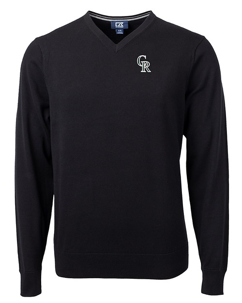 Colorado Rockies City Connect Cutter & Buck Lakemont Tri-Blend Mens Big and Tall V-Neck Pullover Sweater Black Mannequin