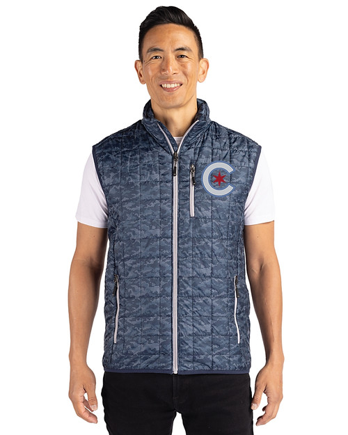 Chicago Cubs City Connect Cutter & Buck Rainier PrimaLoft® Mens Eco Insulated Full Zip Printed Puffer Vest Dark Navy Front