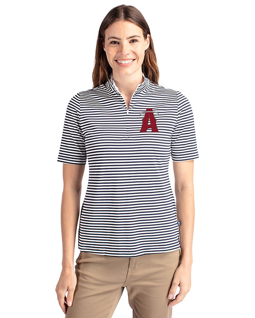 Los Angeles Angels City Connect Cutter & Buck Virtue Recycled Stripe Featherlight Pique Womens Half Zip Navy Blue Front