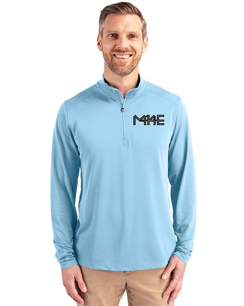 Milwaukee Brewers City Connect Cutter & Buck Virtue Eco Pique Recycled Quarter Zip Mens Pullover Atlas Light Blue Front