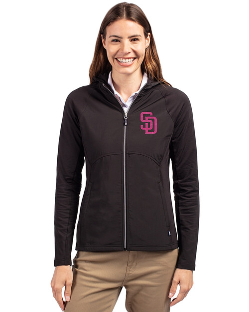 San Diego Padres City Connect Cutter & Buck Adapt Eco Knit Hybrid Recycled Womens Full Zip Jacket Black Front