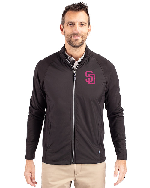 San Diego Padres City Connect Cutter & Buck Adapt Eco Knit Hybrid Recycled Mens Big & Tall Full Zip Jacket Black Front
