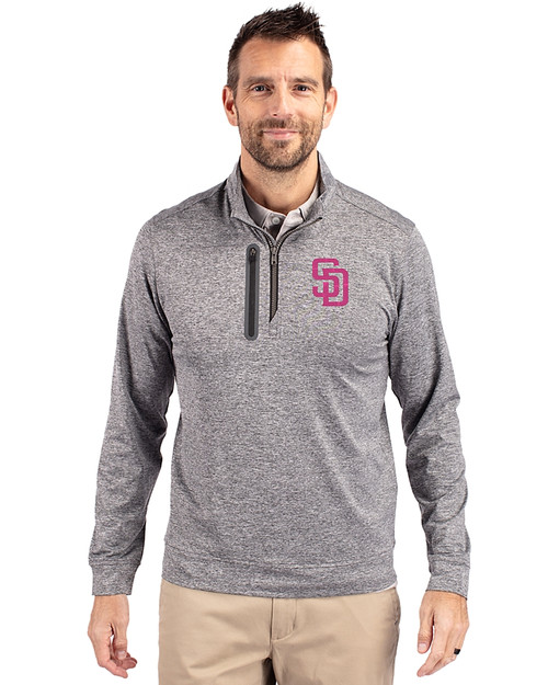 San Diego Padres City Connect Cutter & Buck Stealth Heathered Quarter Zip Mens Pullover Elemental Grey Front