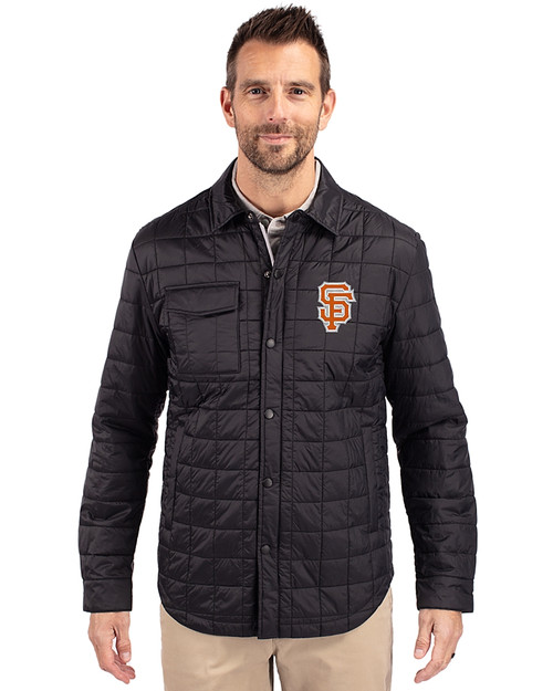 San Francisco Giants City Connect Cutter & Buck Rainier PrimaLoft® Mens Big and Tall Eco Insulated Quilted Shirt Jacket Black Front